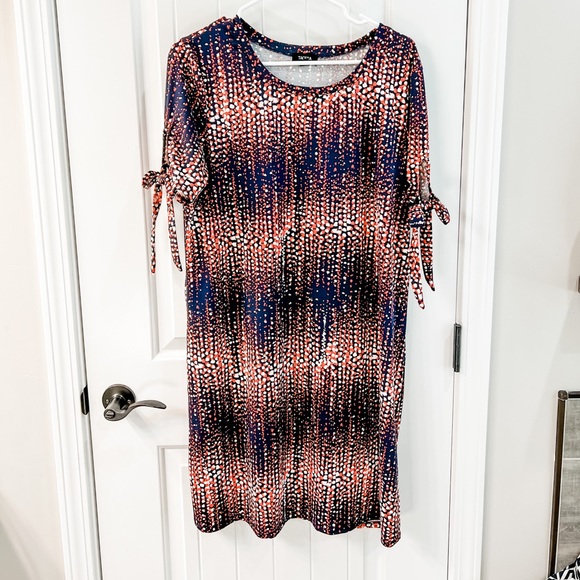 Tacera Navy, Red, and White Spotted Graphic Shift Dress Tie Accent Sleeves Large - Picture 1 of 7